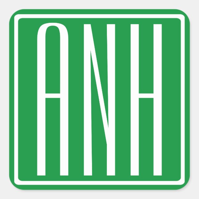 Adesivo Quadrado 3 Iniciais Monograma | Verde e branco (Frente)