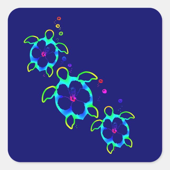 Adesivo Quadrado 3 Tartarugas de Honu Tintos (Frente)