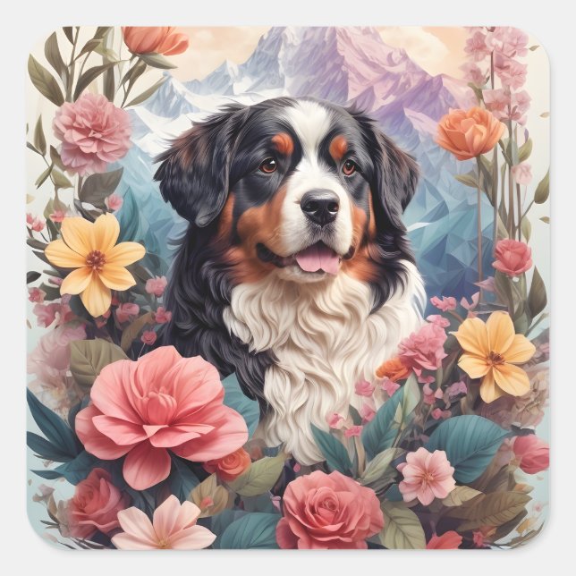 Adesivo Quadrado 3D Fantasia Floral Bernese Mountain Dog Birds Ver (Frente)