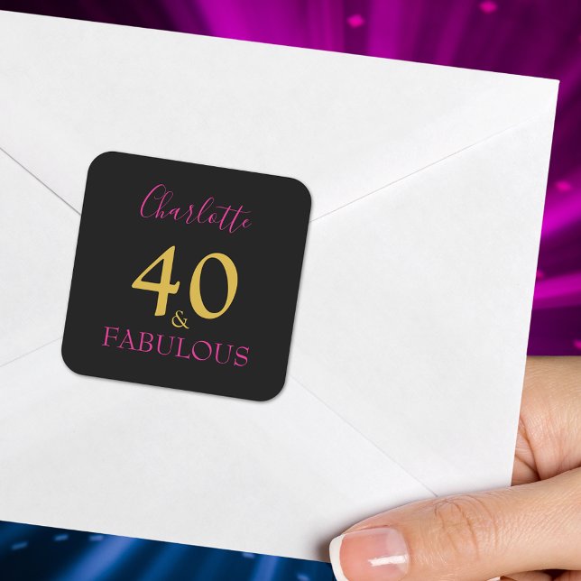 Adesivo Quadrado 40 e aniversário de 40 anos fabuloso personalizado (40 and fabulous elegant pink black and gold 40th birthday party custom sticker)