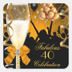 Adesivo Quadrado 40 & Fabuloso Champanhe de Aniversário Dourado Pre