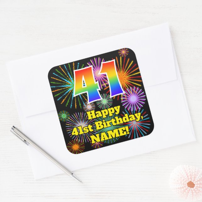 Adesivo Quadrado 41st Birthday: Fun Fireworks Look, Rainbow # 41 (Envelope)