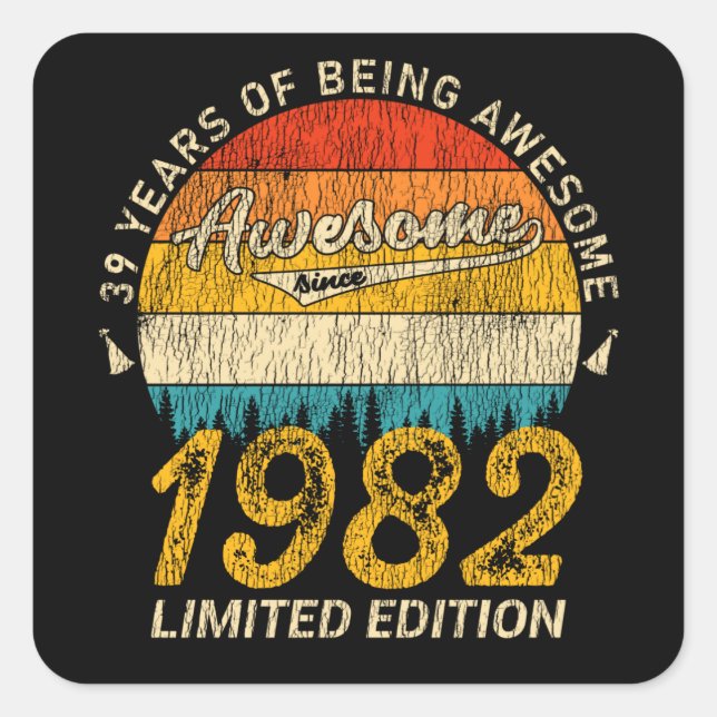 Adesivo Quadrado 43 anos 1982 Retro Incrível 43º presente de aniver (Frente)