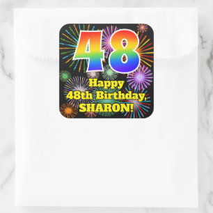 Adesivo Quadrado 48.o Aniversário: Fogos de artifício divertidos,