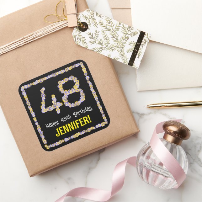 Adesivo Quadrado 48.o Aniversário: Número de Flores, Nome Personali (Presentear)