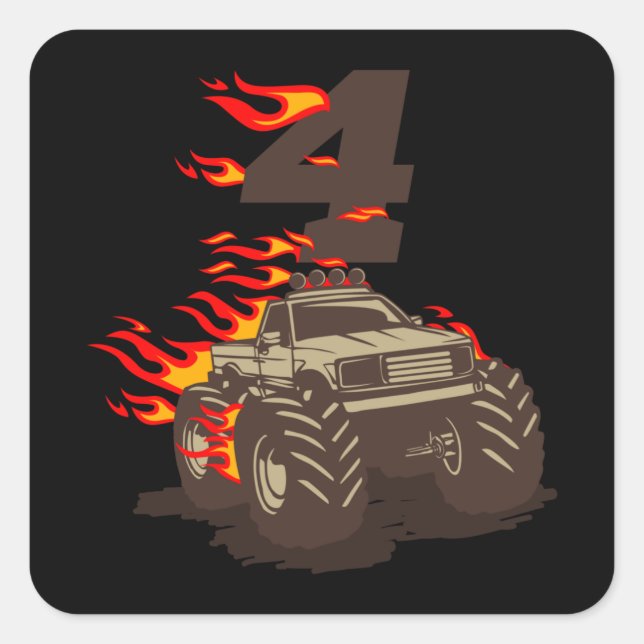Adesivo Quadrado 4 ANIVERSÁRIO MONSTER TRUCK 4th Birthday Boy Truck (Frente)