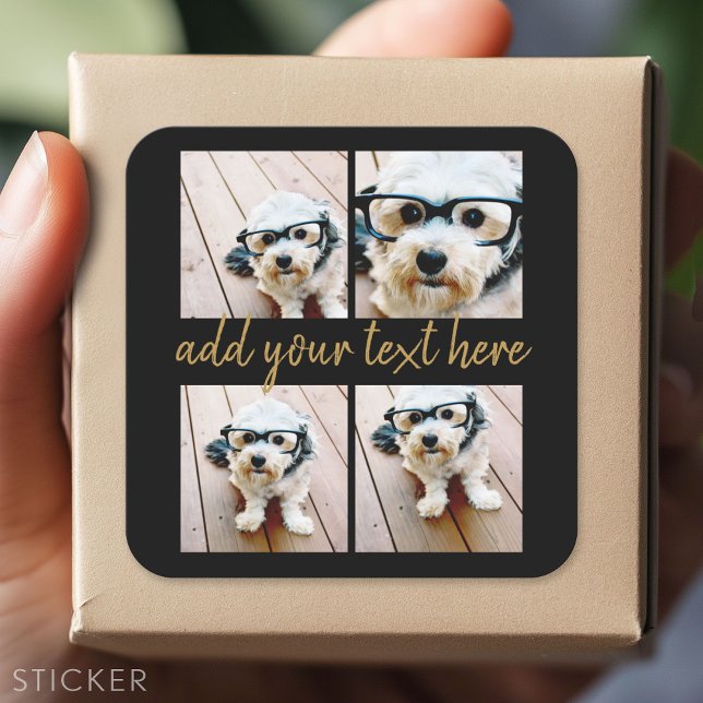 Adesivo Quadrado 4 Colagem de Fotos - Texto de Script Dourado Moder (Custom Sticker)