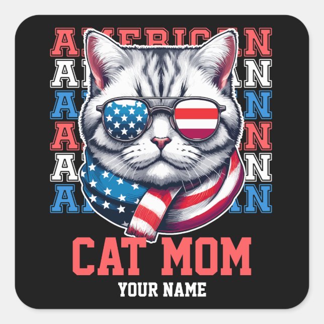 Adesivo Quadrado 4 de julho Cat em Óculos Cat Mãe Personalizada (Frente)