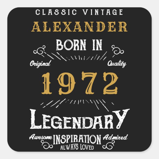 Adesivo Quadrado 50º Aniversário de 1972 Adicionar Nome Dourado Leg (Frente)