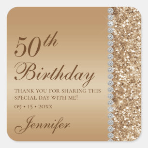 Adesivo Quadrado 50º Aniversário Elegante Dourado