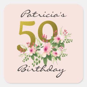 Adesivo Quadrado 50º Aniversário Lâmpada Dourada Rosa