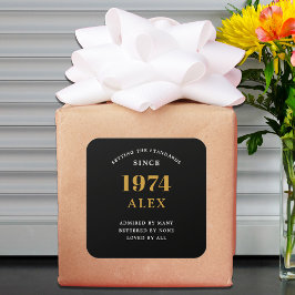 Adesivo Quadrado 50º Aniversário Nome 1974 Chic Dourado Negro Elega