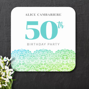 ADESIVO QUADRADO 50º CONVITE DE LACE AZUL DE ANIVERSÁRIO