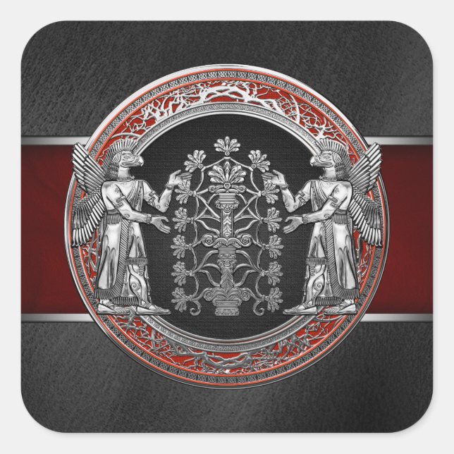 Adesivo Quadrado [500] Duas Ninurtas prateadas com árvore da vida (Frente)