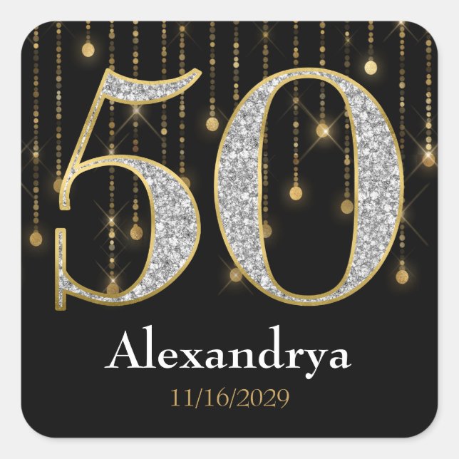 Adesivo Quadrado 50.º Aniversário Ouros Dourados Tags Stickers (Frente)