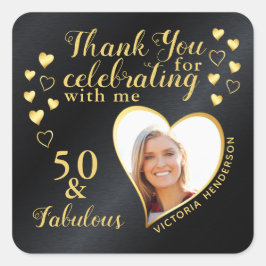 Adesivo Quadrado 50 e Fabuloso Aniversário Negro e Dourado Obrigado