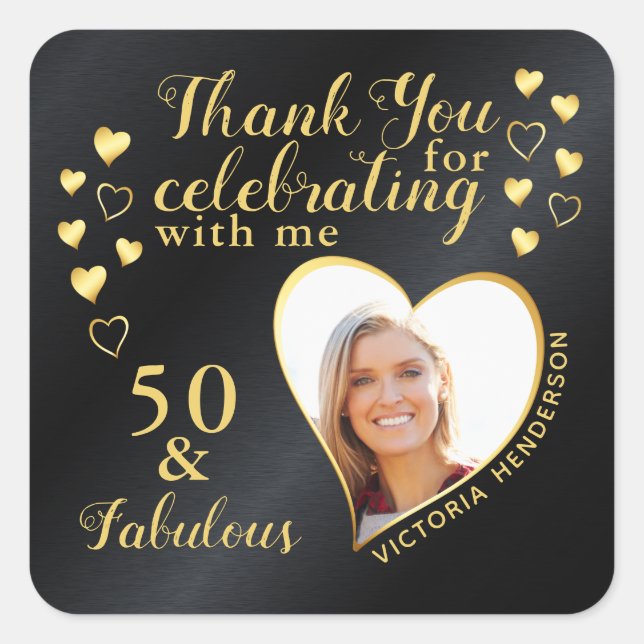 Adesivo Quadrado 50 e Fabuloso Aniversário Negro e Dourado Obrigado (Frente)