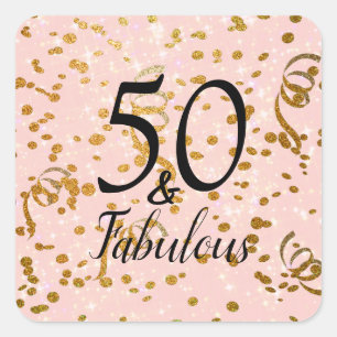 Adesivo Quadrado 50 e Fabuloso Confetti Dourado Rosa e Festa de ani