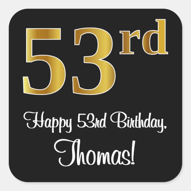 Adesivo Quadrado 53º Aniversário - Elegante Luxurioso Faux Dourado  (Frente)