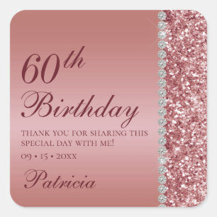 Adesivo Quadrado 60º Aniversário Rosa Elegante Dourado