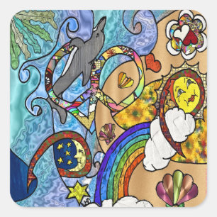 Adesivo Quadrado 60s retro psicadélico no roupa dos presentes da