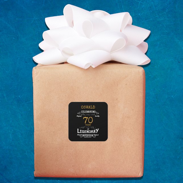 Adesivo Quadrado 70 Birthday Black Dourado Legendário Retro (70th Birthday Black Gold Legendary Retro Square Sticker)