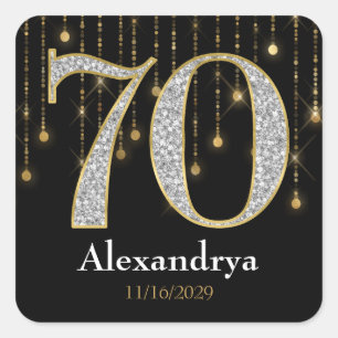 Adesivo Quadrado 70 Birthday Diamantes Dourados Obrigado Marcas de 