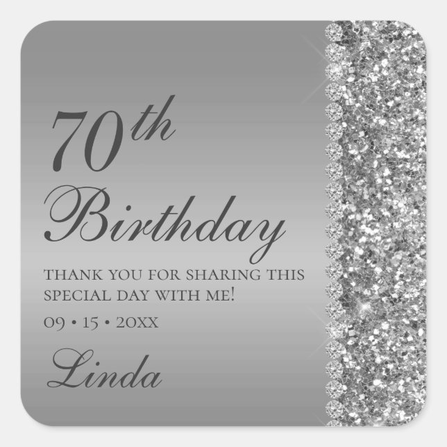 Adesivo Quadrado 70 Birthday Silver Glitter Diamantes Obrigado (Frente)