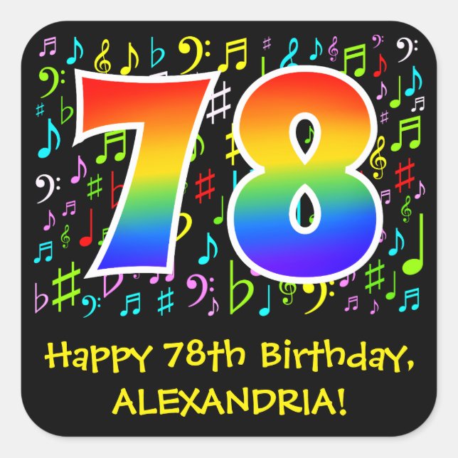 Adesivo Quadrado 78.º aniversário: Símbolos de Música Coloridos, Ra (Frente)