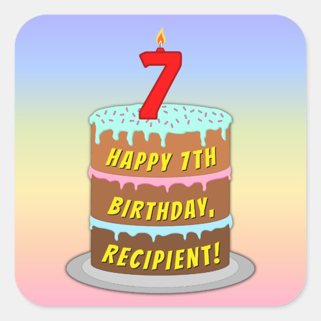 Adesivo Quadrado 7 Aniversário: Bolo e Vela Divertidos + Nome Perso (Frente)