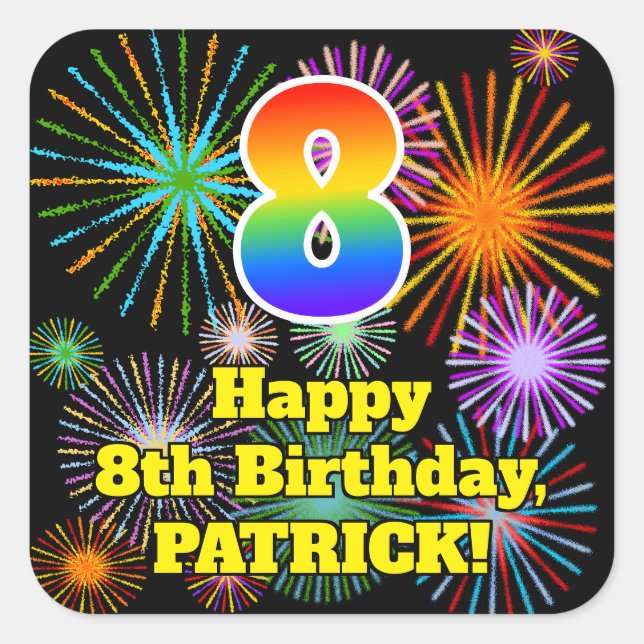 Adesivo Quadrado 8º Aniversário: Veja fogos de artifício divertidos (Frente)