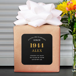 Adesivo Quadrado 80 Aniversário Nome 1944 Chic Preto Dourado Elegan