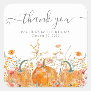 Adesivo Quadrado 80 Birthday Pumpkin Wildflower Personalizado Obrig