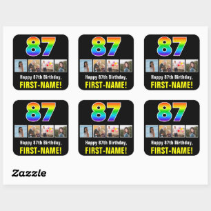 Adesivo Quadrado 87.º aniversário: Rainbow "87"; Fotos e nome perso