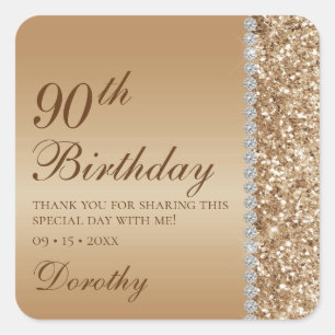 Adesivo Quadrado 90º Aniversário Elegante Dourado