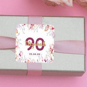 Adesivo Quadrado 90 aniversário cor-de-rosa magnólia floral branc