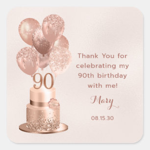Adesivo Quadrado 90 Birthday Rosa Dourado Bake Obrigado