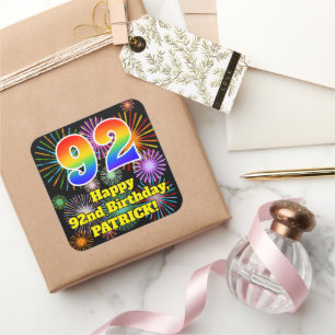 Adesivo Quadrado 92.o Aniversário: Fogos de artifício divertidos,