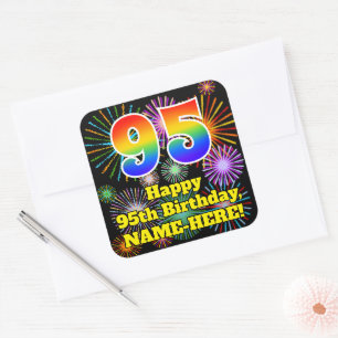 Adesivo Quadrado 95.o aniversário: Fogos de artifício divertidos,