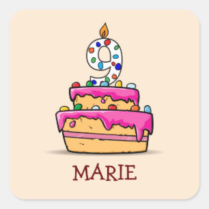Adesivo Quadrado 9 de aniversário, 9 de bolo rosa doce
