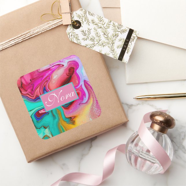 Adesivo Quadrado A aguarela de mármore moderna vibrante personaliza (Presentear)