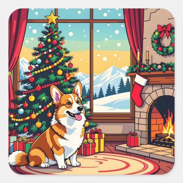 Adesivo Quadrado A Cute Festive Corgi Christmas (Frente)