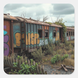 Adesivo Quadrado A Ferrovia Esquecida – Trem Abandonado com Grafite