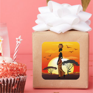 Adesivo Quadrado A linda mulher africana Silhouette sobre os sóis a