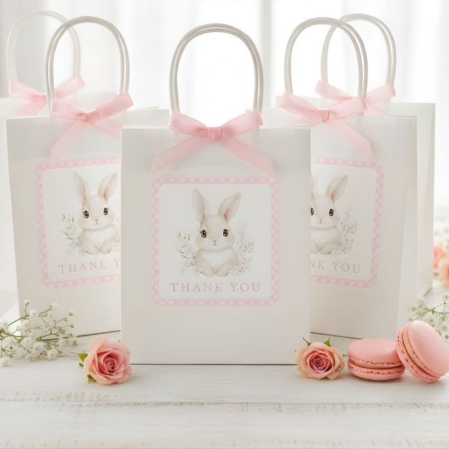 Adesivo Quadrado A Little Bunny Pink Gingham Baby Shower (Criador carregado)