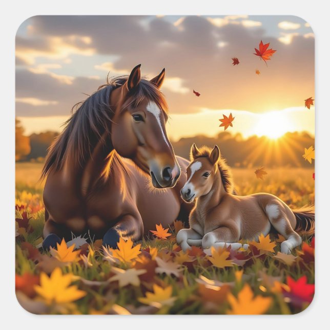Adesivo Quadrado A Mama Horse and her Foal in Autumn (Frente)