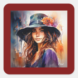 Adesivo Quadrado A Mulher no Chapéu: Retrato da Graça Vibrante