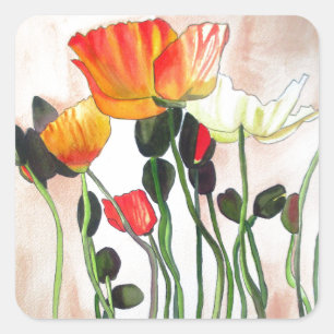 Adesivo Quadrado A papoila alaranjada floresce a pintura do