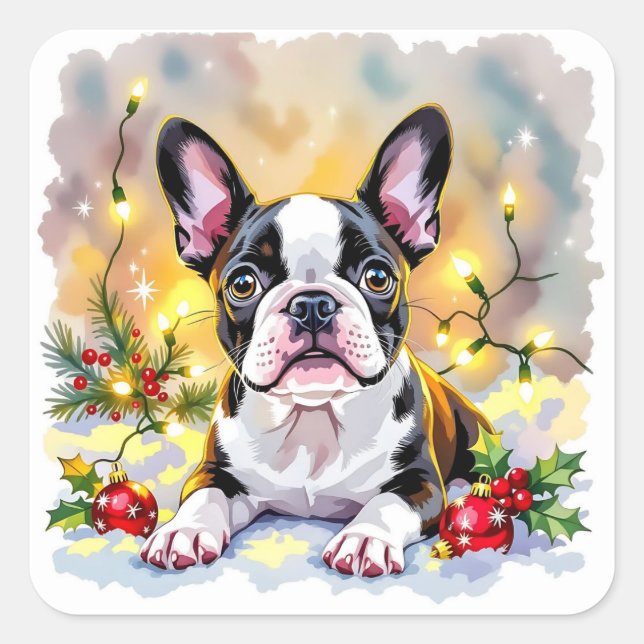 Adesivo Quadrado A Sweet Boston Terrier Christmas (Frente)