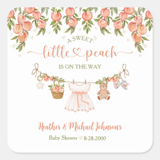 Adesivo Quadrado A Sweet Little Peach Clothesline Girl Baby Shower (Frente)